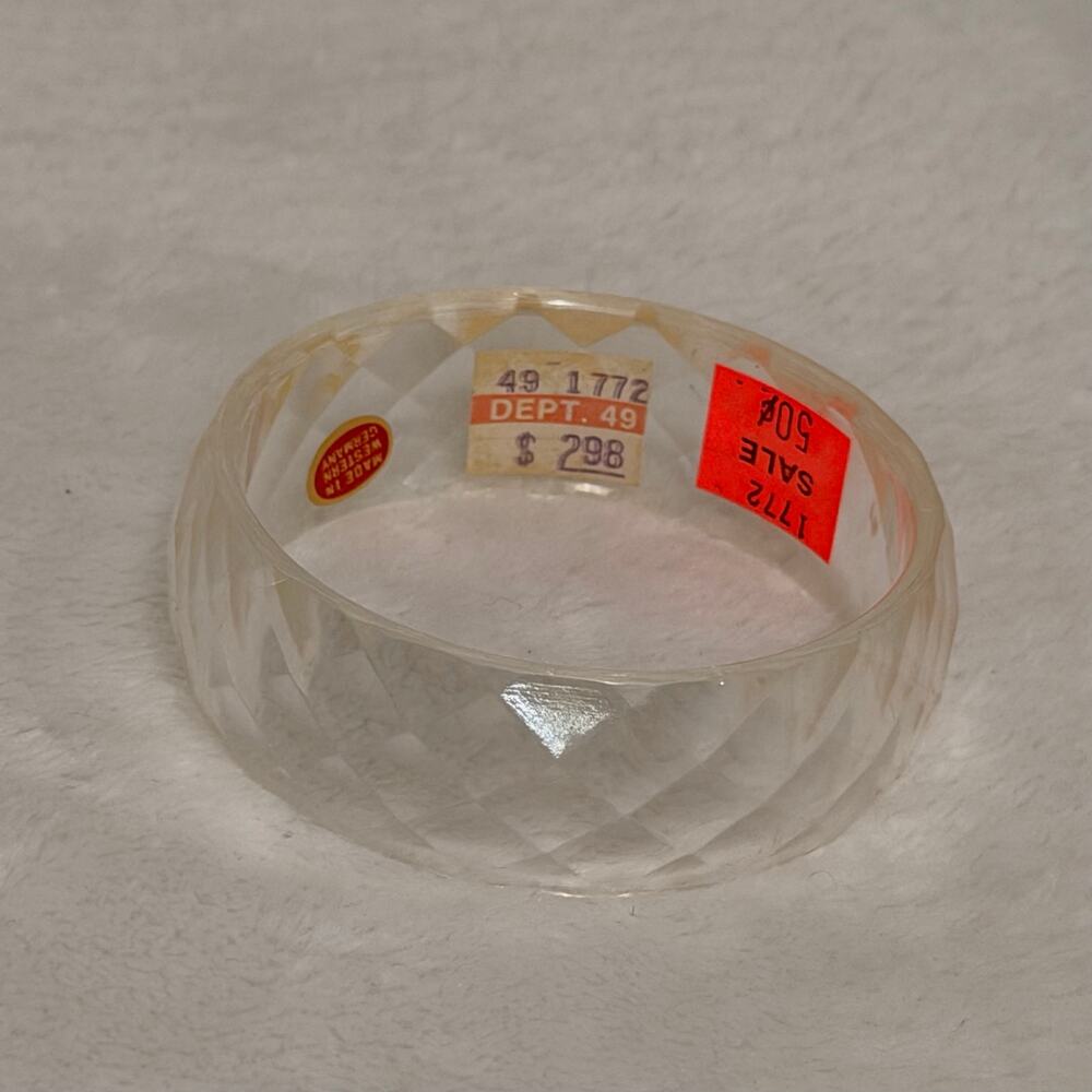 Vintage West Germany Clear Lucite Bangle Bracelet Faceted Diamond Cut NOS